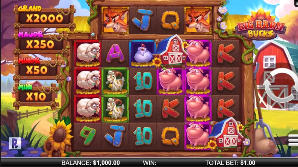 Tampilan visual slot Big Barn Bucks dengan tema peternakan yang ceria