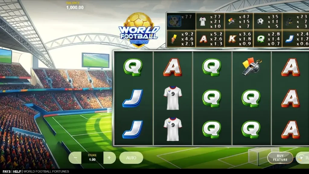 Tampilan visual slot World Football Fortunes dengan latar belakang stadion sepak bola yang megah.